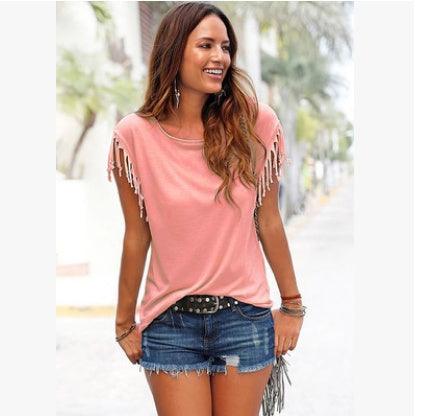 Wish quick sale eBay ladies Europe and America big size round neck short sleeve cuffs tassel T-shirt cotton tops - fadidesign