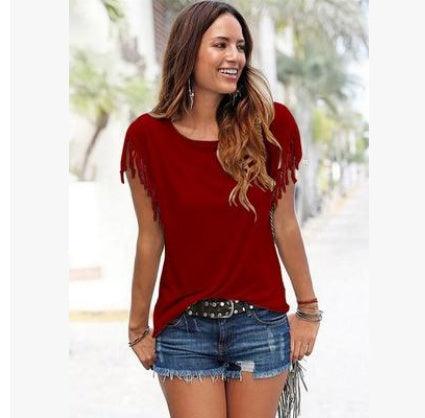 Wish quick sale eBay ladies Europe and America big size round neck short sleeve cuffs tassel T-shirt cotton tops - fadidesign