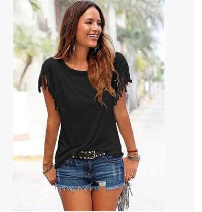 Wish quick sale eBay ladies Europe and America big size round neck short sleeve cuffs tassel T-shirt cotton tops - fadidesign