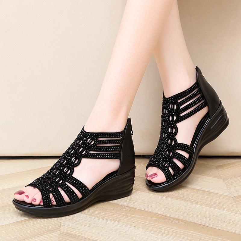 Woman Sandals Women Cyrstal Comfortable Pumps Ladies Fashion Wedges Female Rome Bling Hollow Out Shoes Women's Zip Footwear - fadidesign