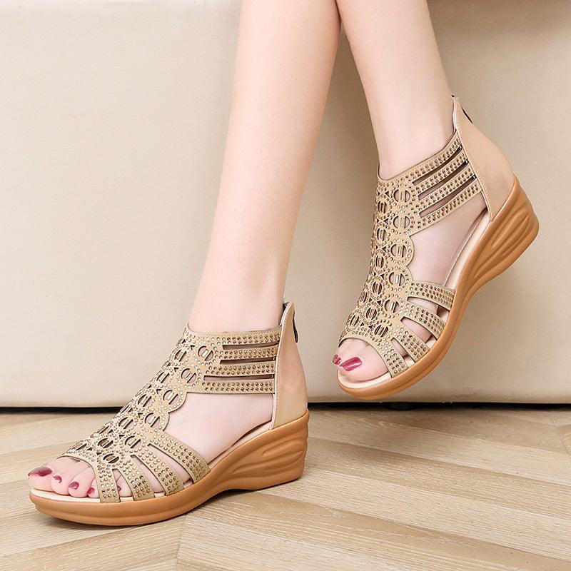 Woman Sandals Women Cyrstal Comfortable Pumps Ladies Fashion Wedges Female Rome Bling Hollow Out Shoes Women's Zip Footwear - fadidesign