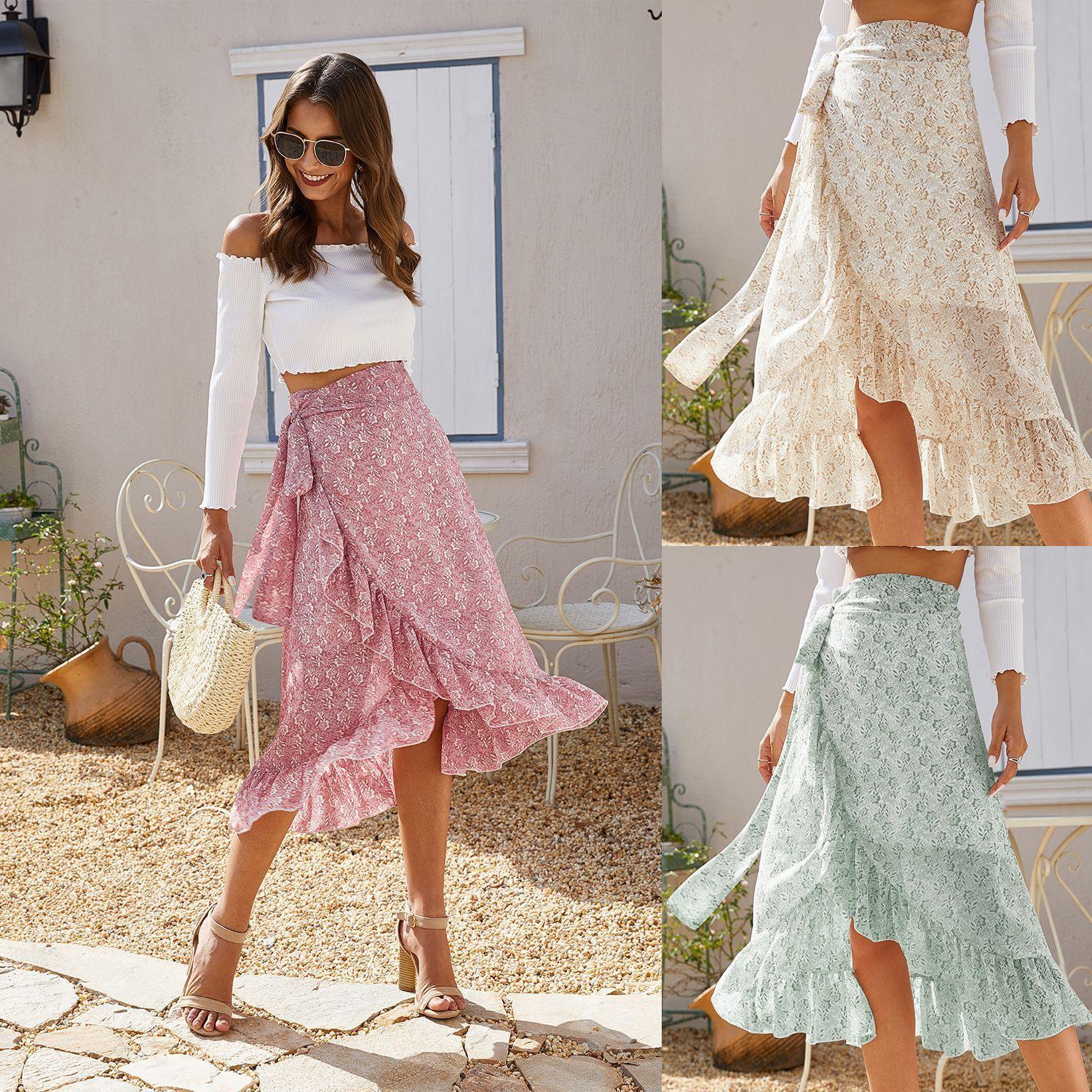 Woman Skirts High Waist Fashion Long Black Knotted Tied Wrap Floral Ruffle Chiffon A-Line Split Skirt Spring Summer Clothes - fadidesign