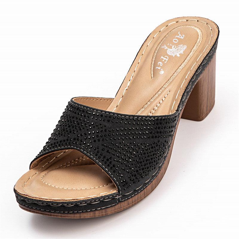 Women Plus Sizes Rhinestone Thick Heel Slippers - fadidesign