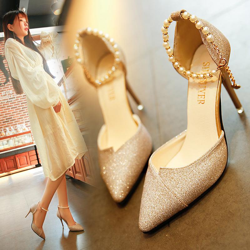 women pumps pearl bead High Heels shoes sequined bling shoes 10CM party Shoes Woman sandals golden silver point shoes - fadidesign