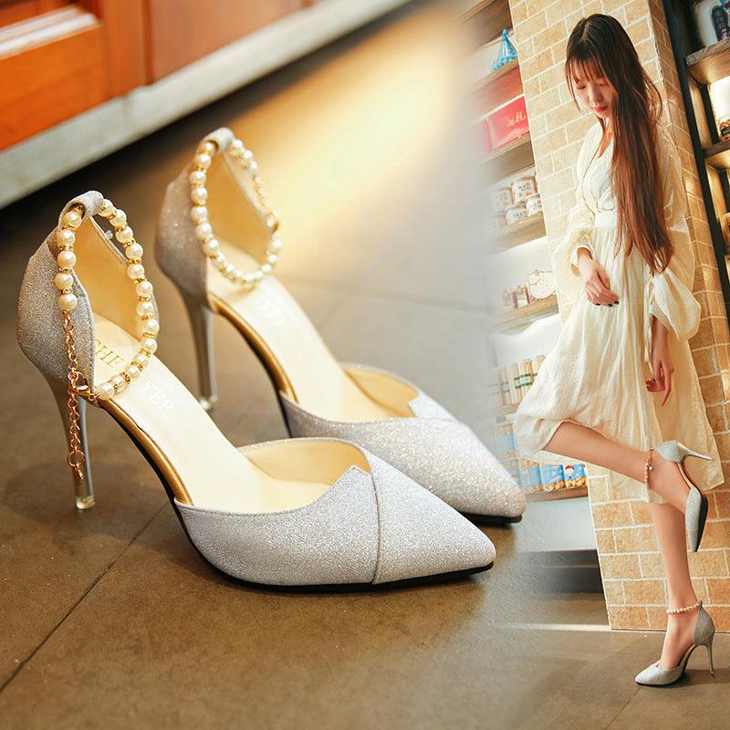 women pumps pearl bead High Heels shoes sequined bling shoes 10CM party Shoes Woman sandals golden silver point shoes - fadidesign