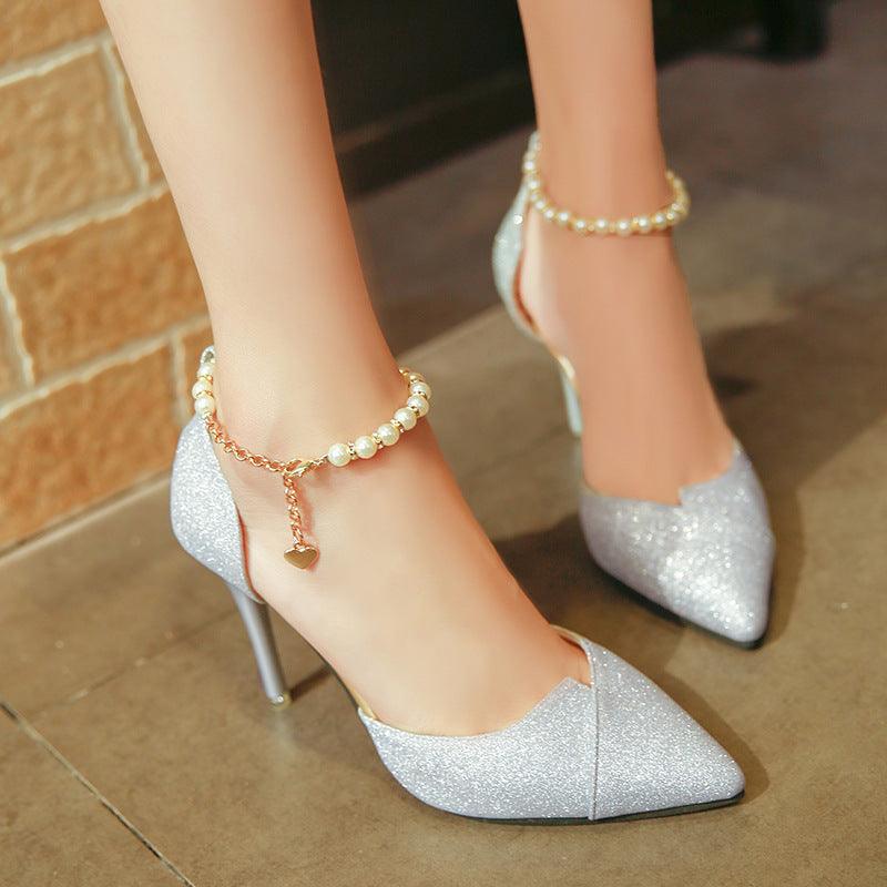 women pumps pearl bead High Heels shoes sequined bling shoes 10CM party Shoes Woman sandals golden silver point shoes - fadidesign