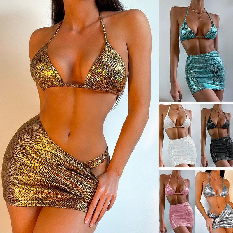 Women's 3 Piece Bathing Suits Halter Snake Pattern Bikini Set With Cover Up Skirt Summer Swimsuit - fadidesign