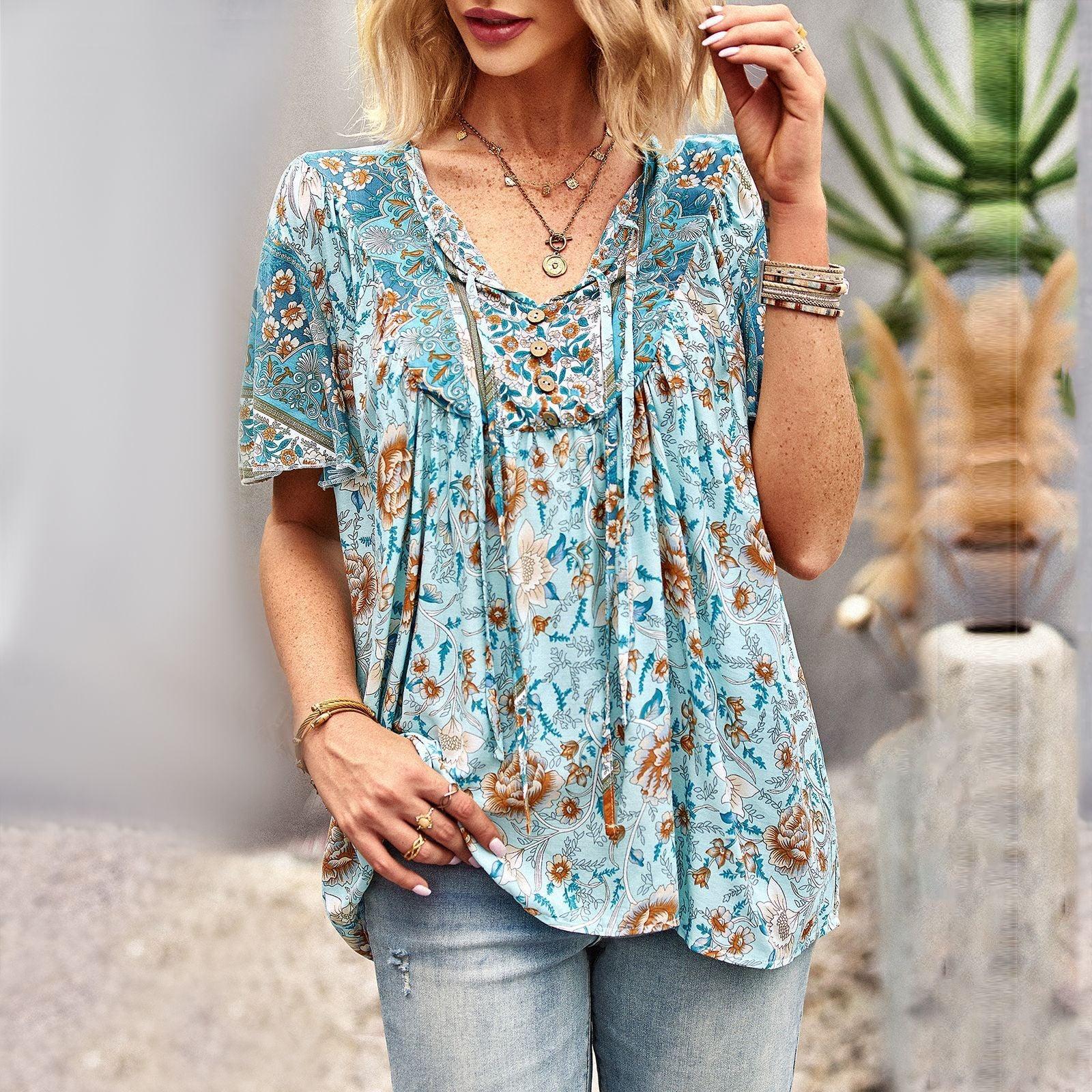 Asian Printed Shirt Women's Commuter Casual Collar Top - fadidesign