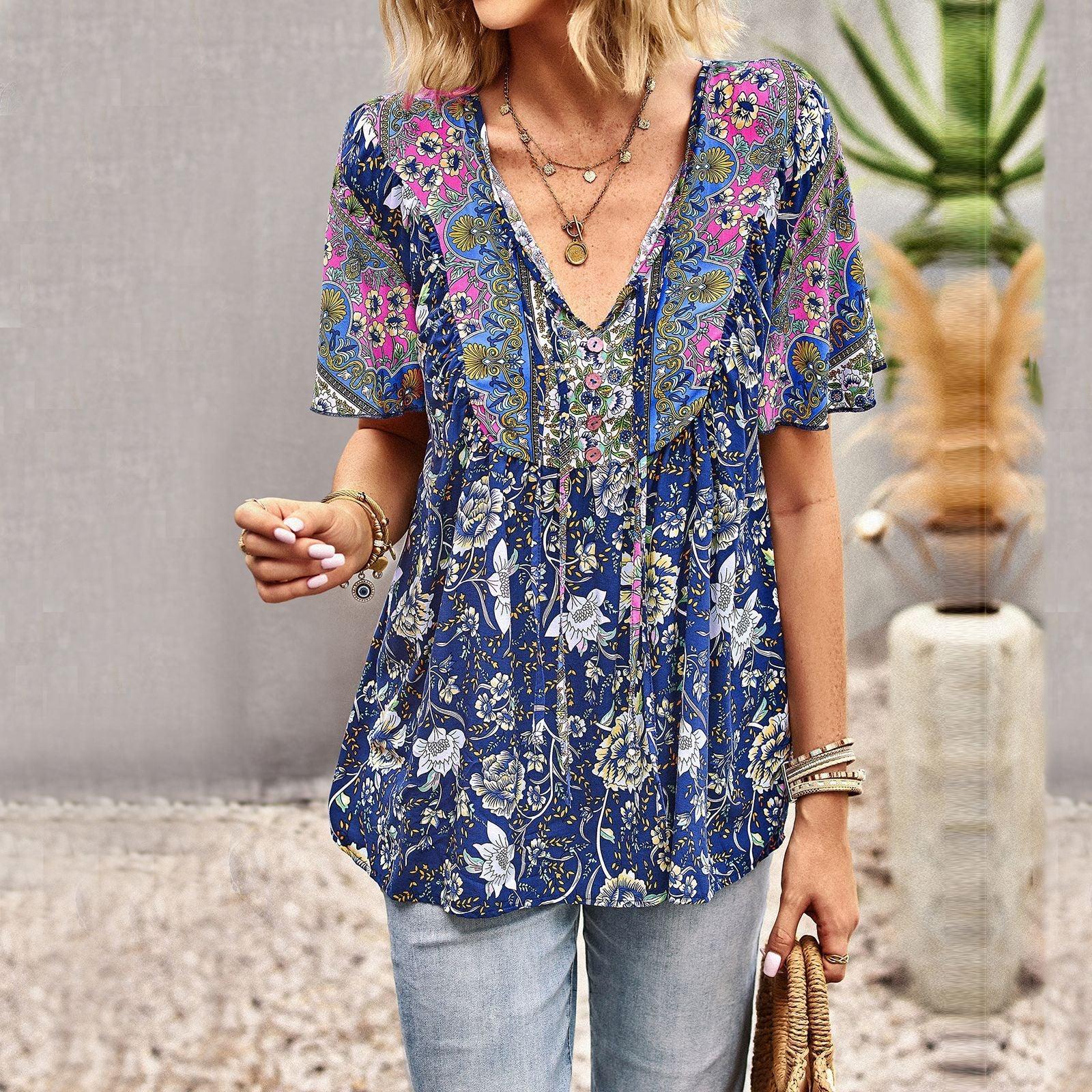 Asian Printed Shirt Women's Commuter Casual Collar Top - fadidesign