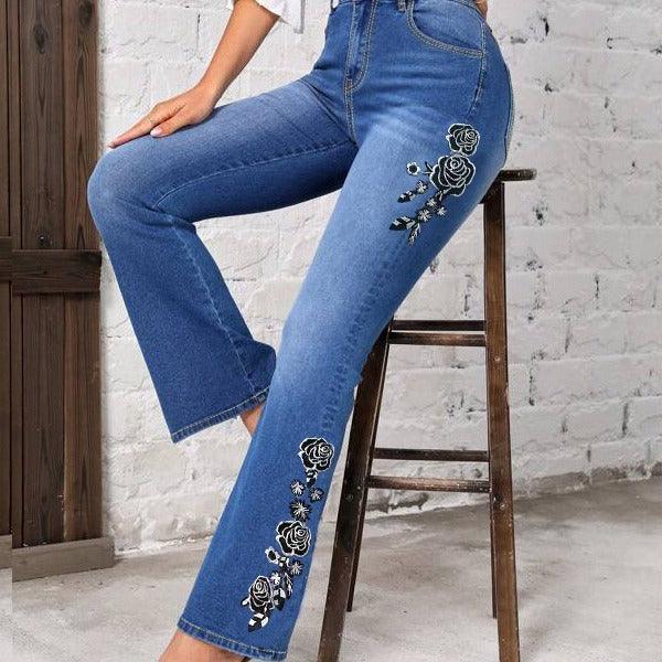 Women's Fashionable Stretch Floral Embroidered Flared Jeans - fadidesign