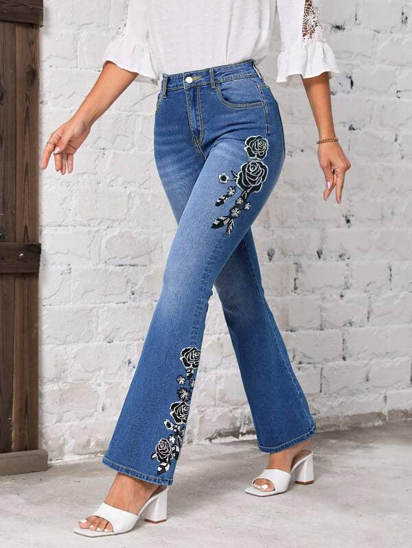 Women's Fashionable Stretch Floral Embroidered Flared Jeans - fadidesign