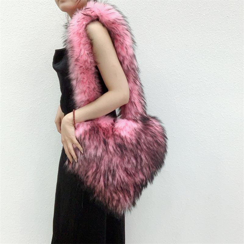 Winter Fleece Shoulder Bags Women Heart Shape Crossbody Bag Plush Large Capacity Love Bag - fadidesign