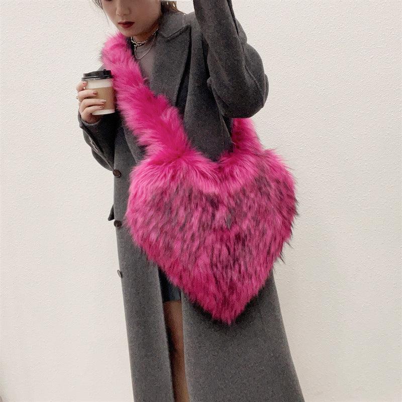 Winter Fleece Shoulder Bags Women Heart Shape Crossbody Bag Plush Large Capacity Love Bag - fadidesign