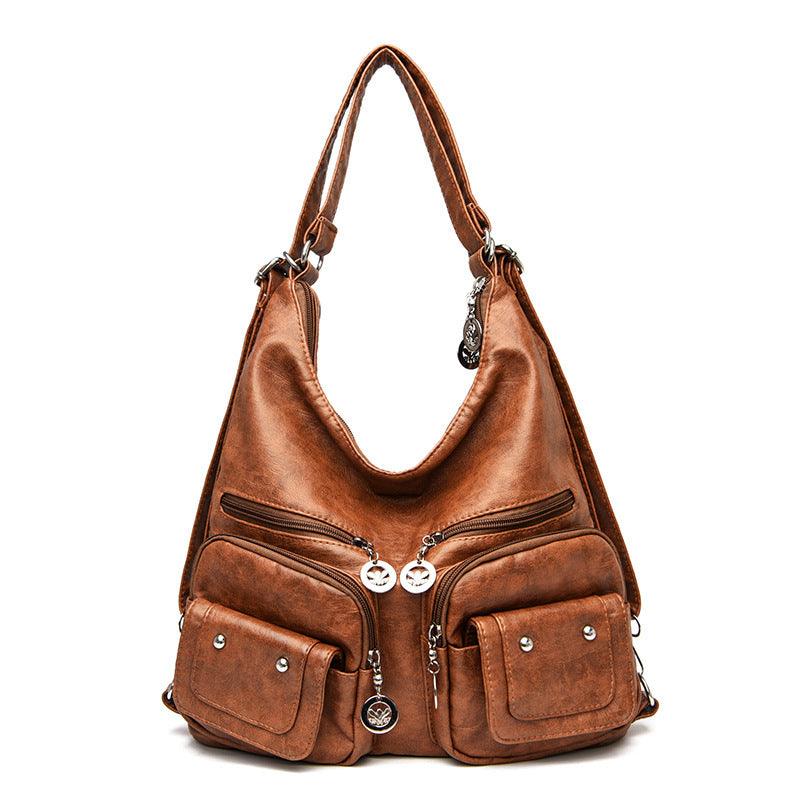 Women's Large Capacity Soft Leather Textured Shoulder Bag - fadidesign