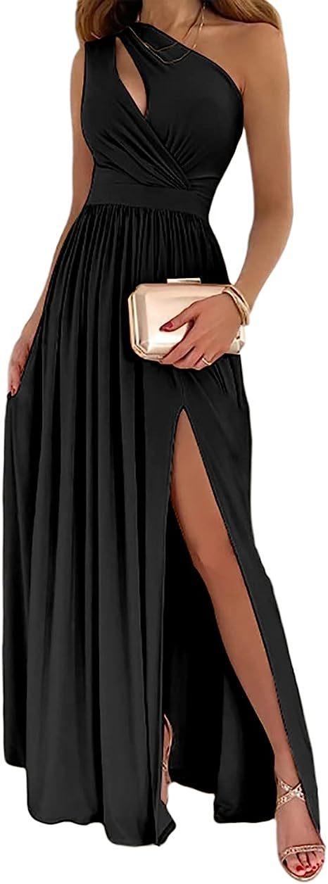 Women's One Shoulder High Split Cutout Sleeveless Elegant Sexy Cocktail Maxi Dress - fadidesign