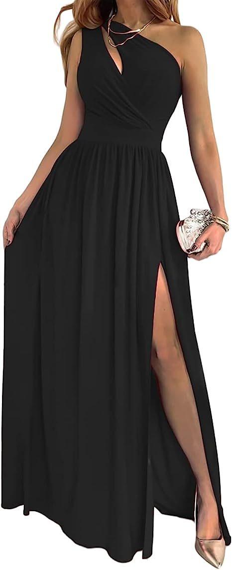 Women's One Shoulder High Split Cutout Sleeveless Elegant Sexy Cocktail Maxi Dress - fadidesign