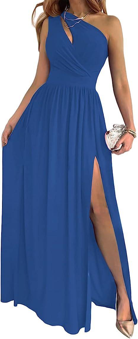 Women's One Shoulder High Split Cutout Sleeveless Elegant Sexy Cocktail Maxi Dress - fadidesign