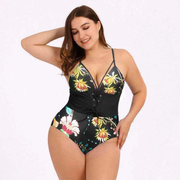 Women's Plus Size Bikini Printed Bouquet Waist - fadidesign