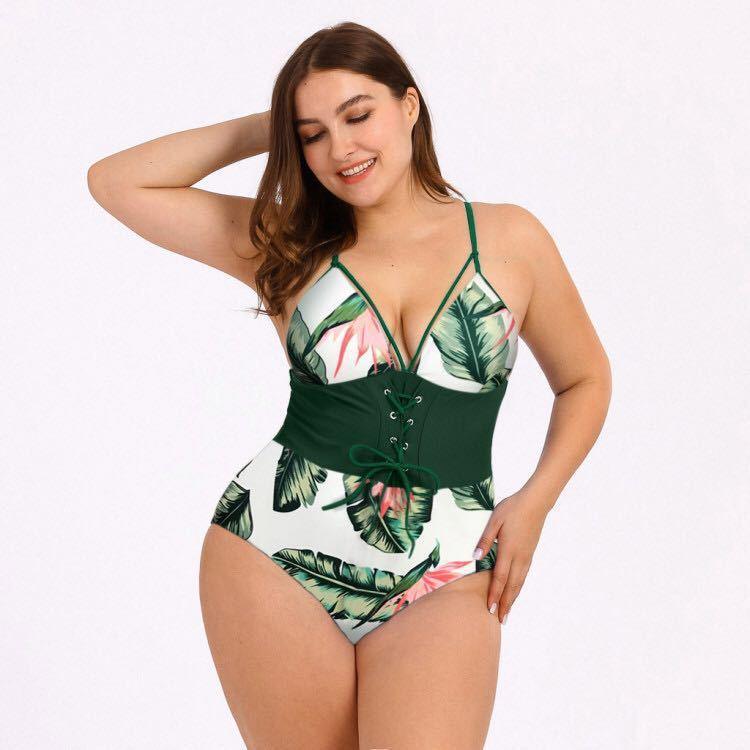 Women's Plus Size Bikini Printed Bouquet Waist - fadidesign