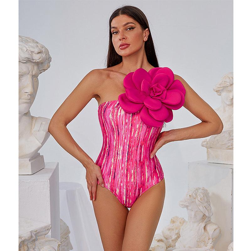 Women's Printed Three-dimensional Large Flower One-shoulder Swimsuit - fadidesign