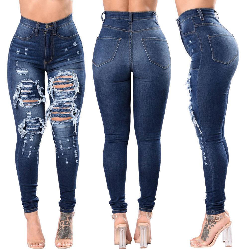 Women's Ripped Denim Washed Denim Pants - fadidesign