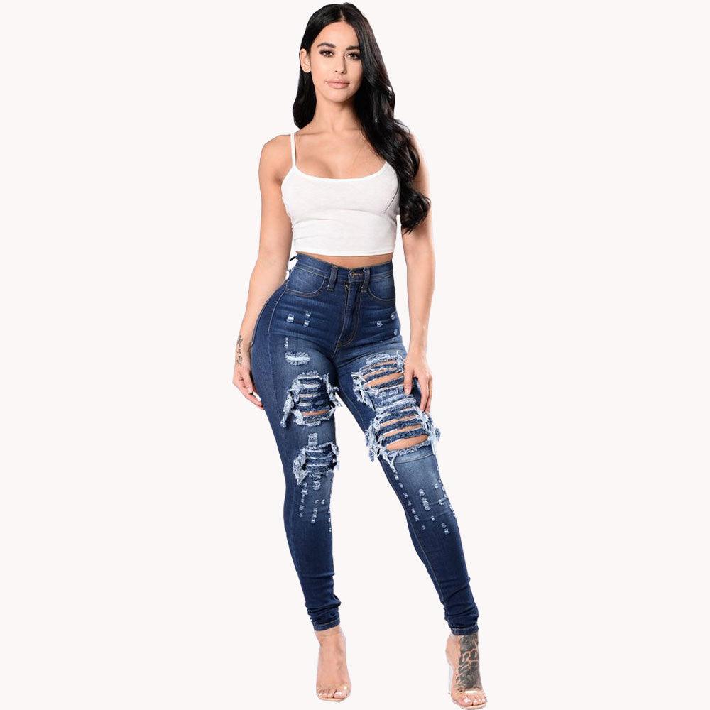 Women's Ripped Denim Washed Denim Pants - fadidesign