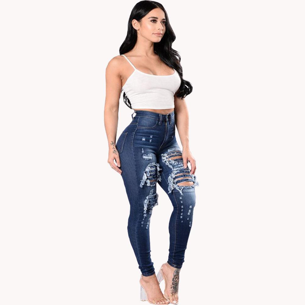 Women's Ripped Denim Washed Denim Pants - fadidesign