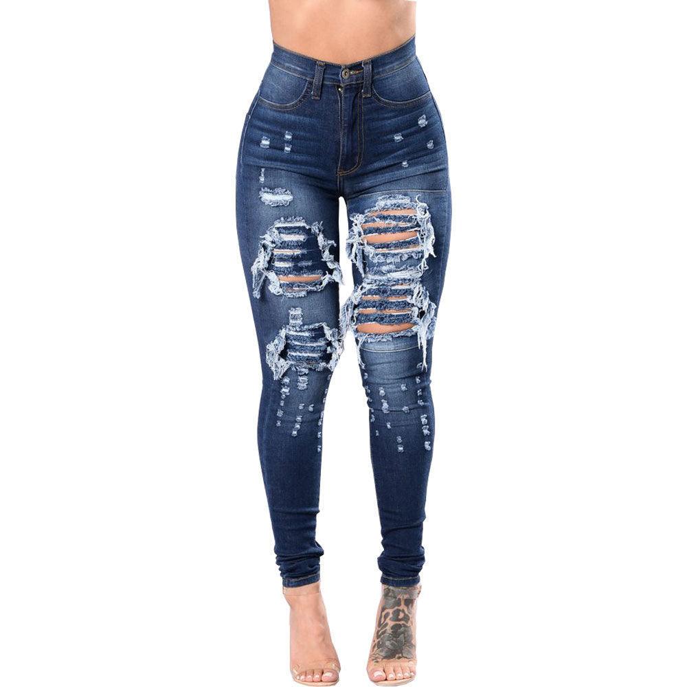 Women's Ripped Denim Washed Denim Pants - fadidesign