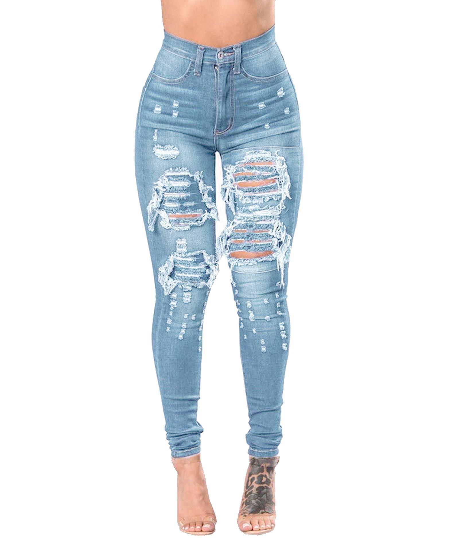 Women's Ripped Denim Washed Denim Pants - fadidesign