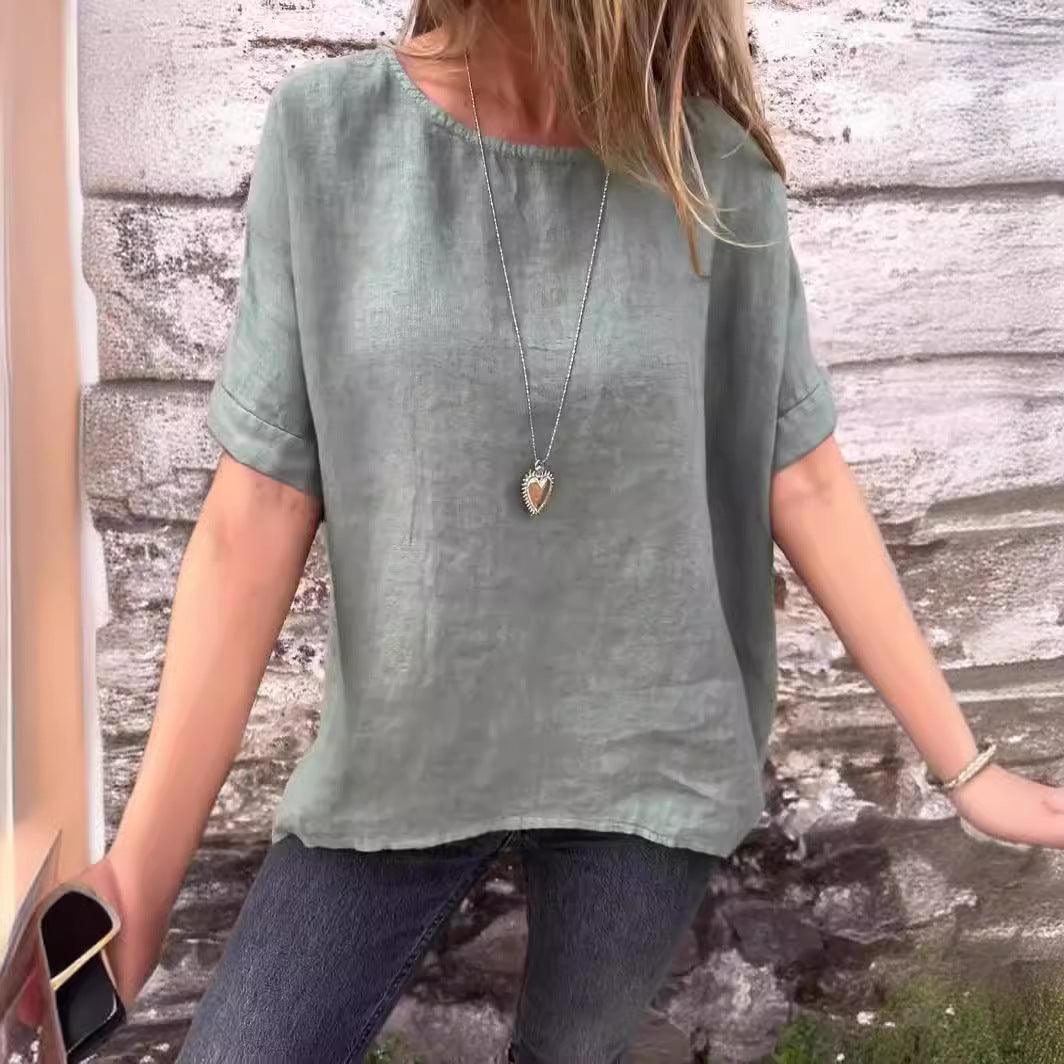 Women's Round Neck Long Sleeve Cotton And Linen Loose-fitting T-shirt Top - fadidesign