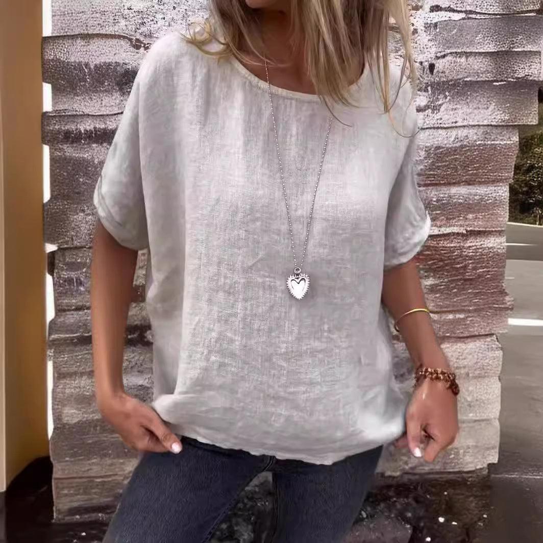 Women's Round Neck Long Sleeve Cotton And Linen Loose-fitting T-shirt Top - fadidesign