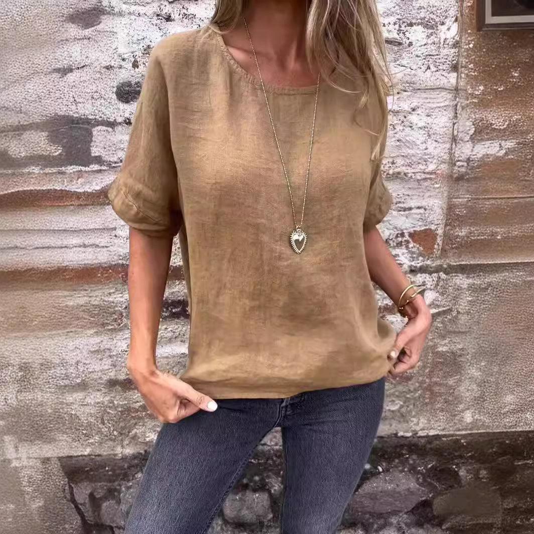 Women's Round Neck Long Sleeve Cotton And Linen Loose-fitting T-shirt Top - fadidesign