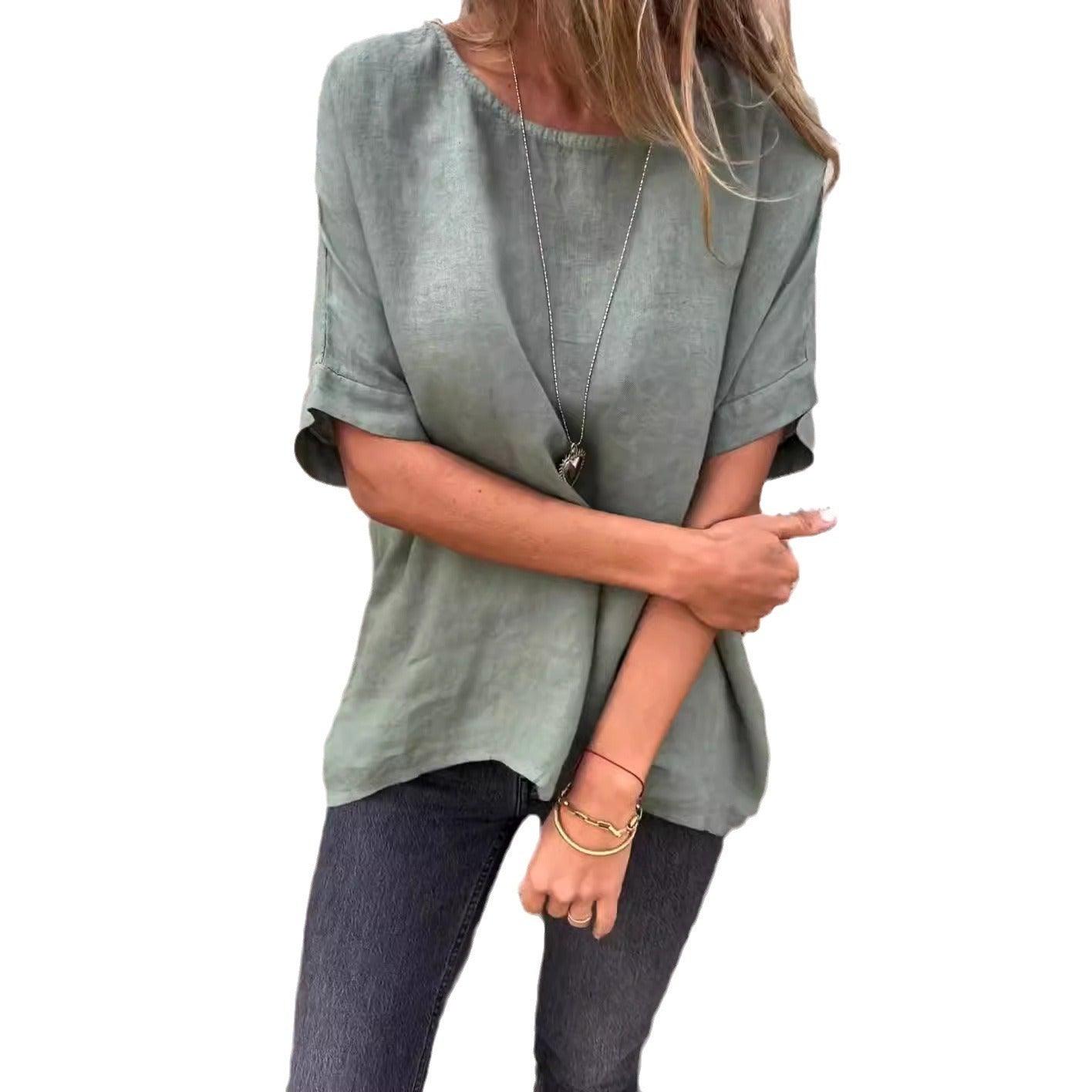 Women's Round Neck Long Sleeve Cotton And Linen Loose-fitting T-shirt Top - fadidesign