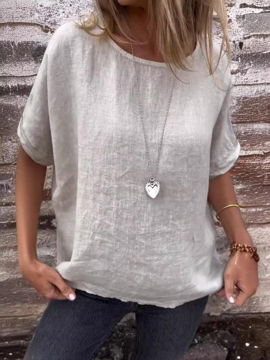 Women's Round Neck Long Sleeve Cotton And Linen Loose-fitting T-shirt Top - fadidesign