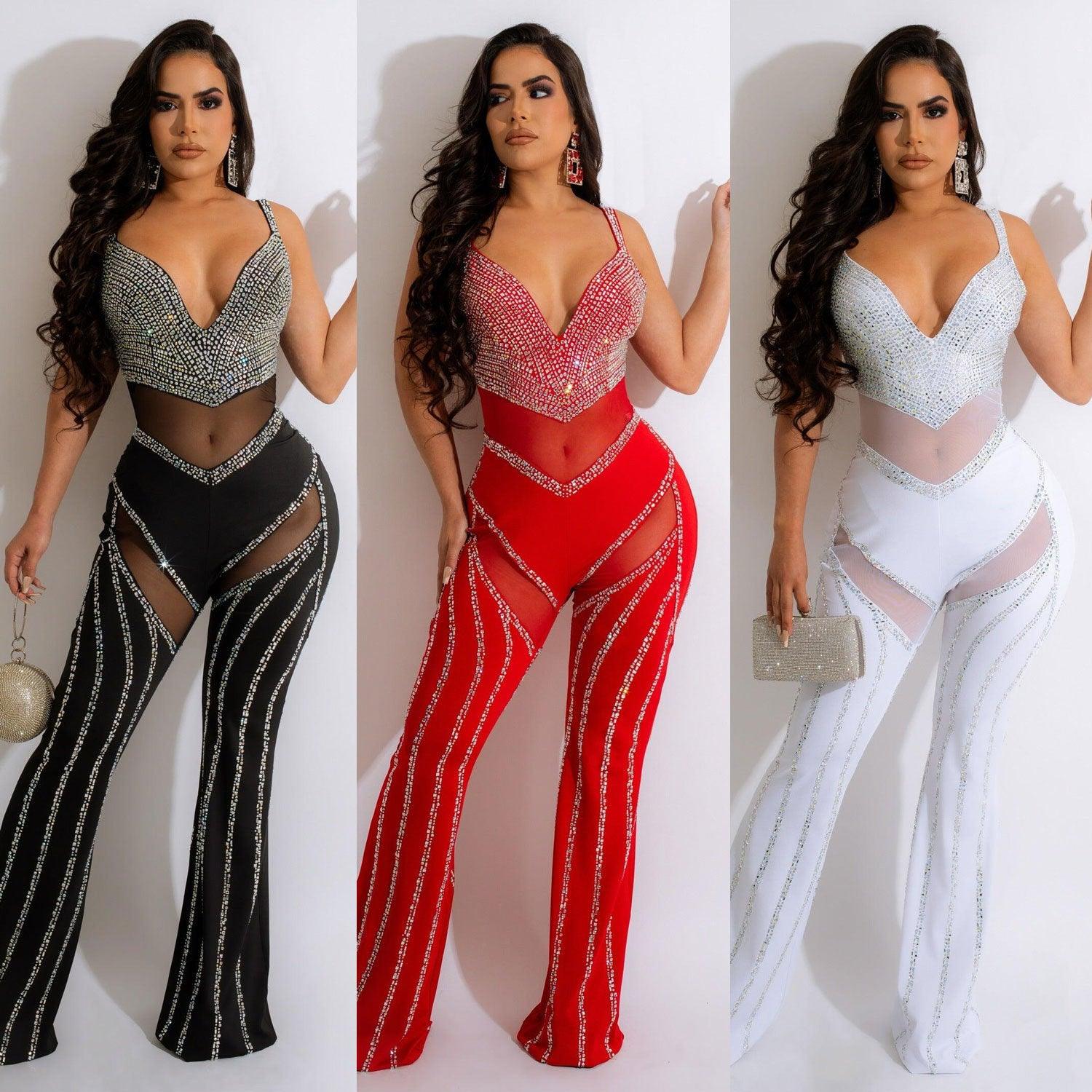 Women's See-through Deep V Rhinestone Jumpsuit - fadidesign