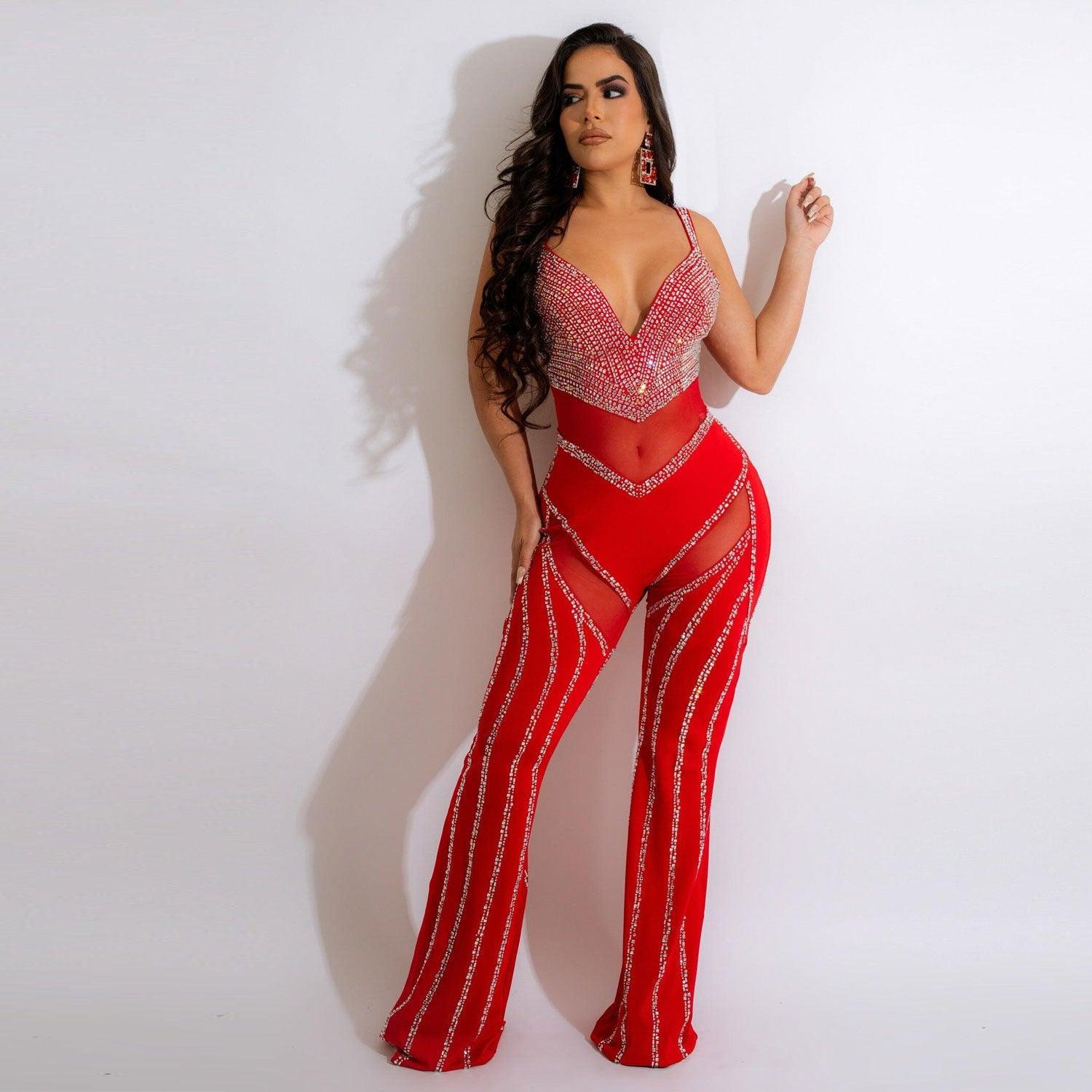 Women's See-through Deep V Rhinestone Jumpsuit - fadidesign