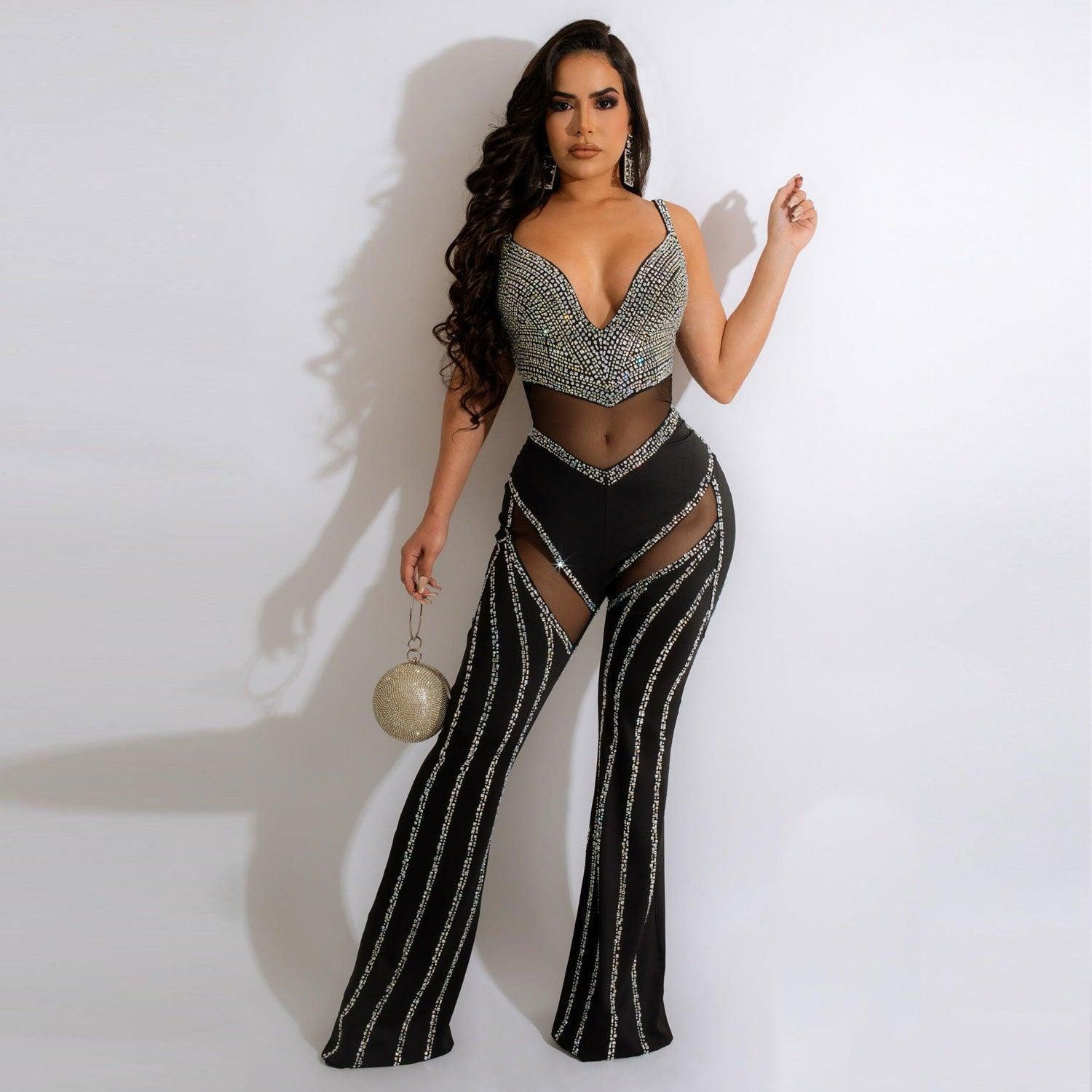 Women's See-through Deep V Rhinestone Jumpsuit - fadidesign