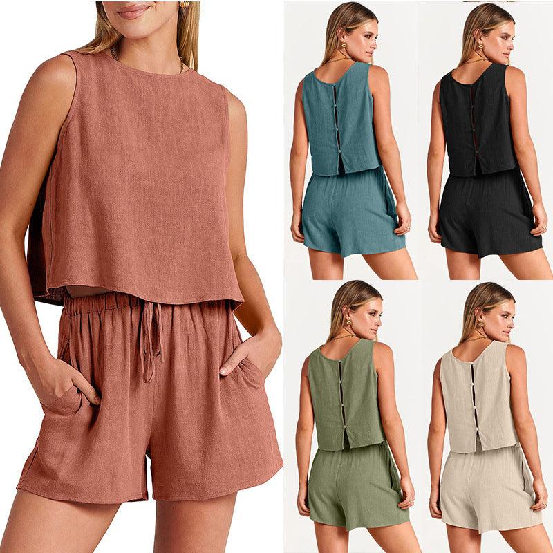 Women's Set Summer Sleeveless Tops And Drawstring Shorts Fashion Suit 2pcs - fadidesign