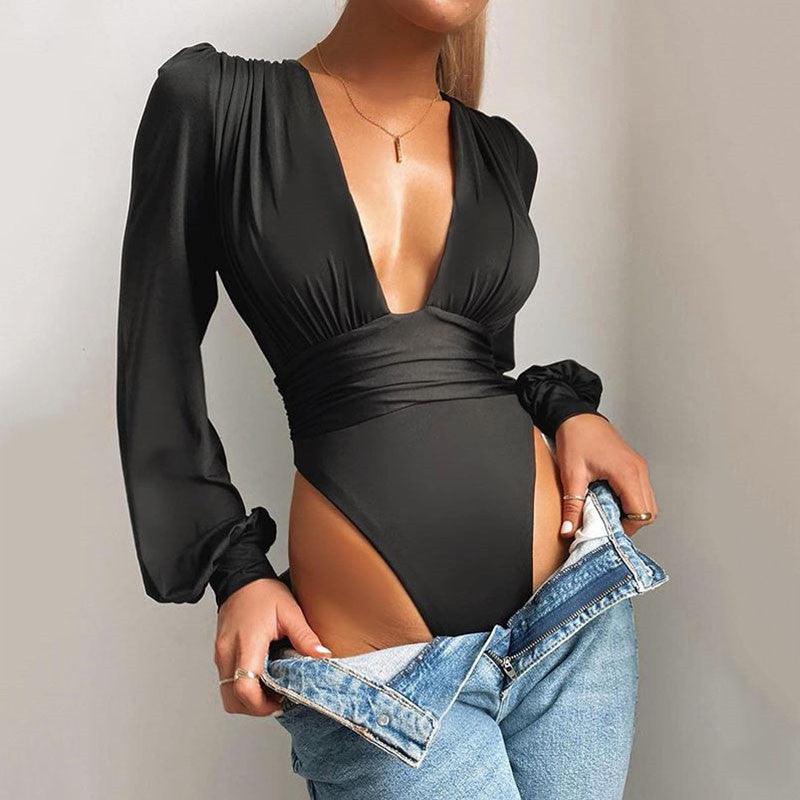 Women's sexy long-sleeved deep V waist pleated temperament bodysuit - fadidesign