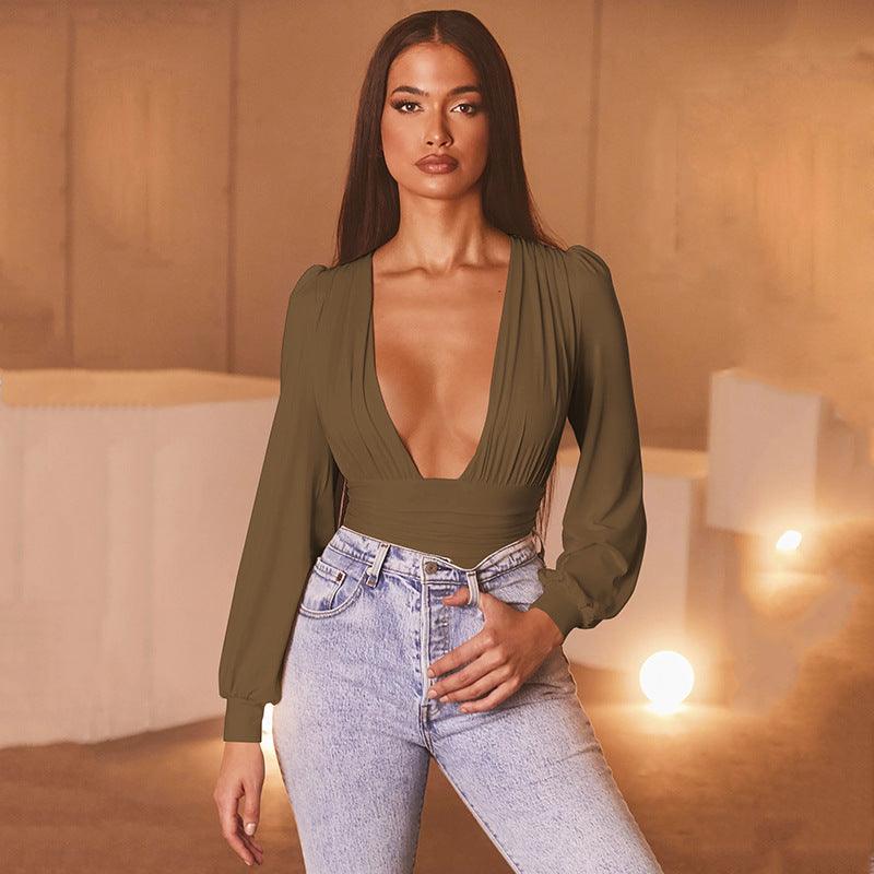 Women's sexy long-sleeved deep V waist pleated temperament bodysuit - fadidesign