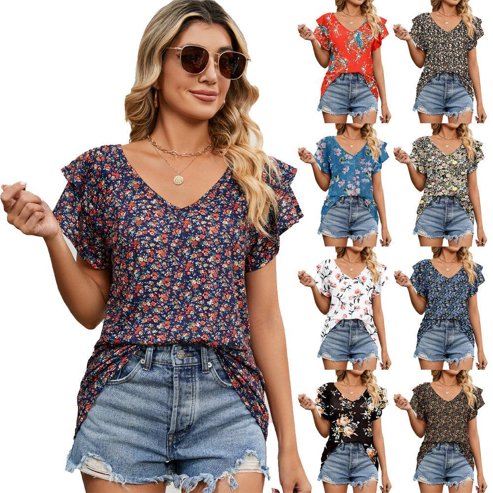 Women's Tops Casual V Neck Tops Ruffle Short Sleeve T Shirt Blouses - fadidesign