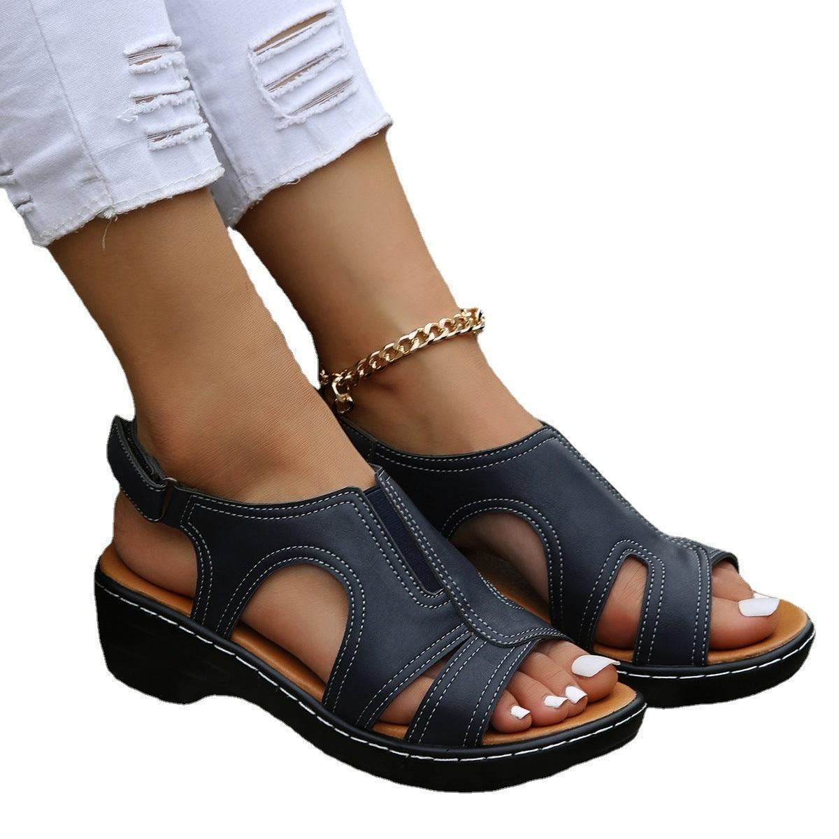 Women's Velcro Cutout Chunky Sole Large Open Toe Sandals - fadidesign