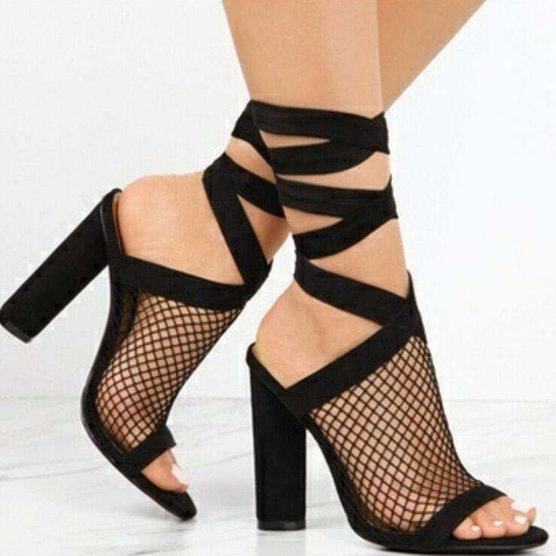 Women Sandals Bandage Flock Cross Strap Lace Up High Heels Sandal - fadidesign