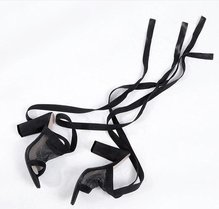 Women Sandals Bandage Flock Cross Strap Lace Up High Heels Sandal - fadidesign