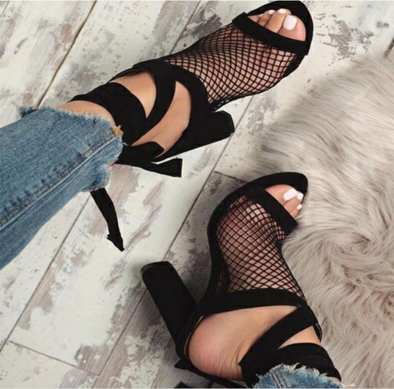 Women Sandals Bandage Flock Cross Strap Lace Up High Heels Sandal - fadidesign