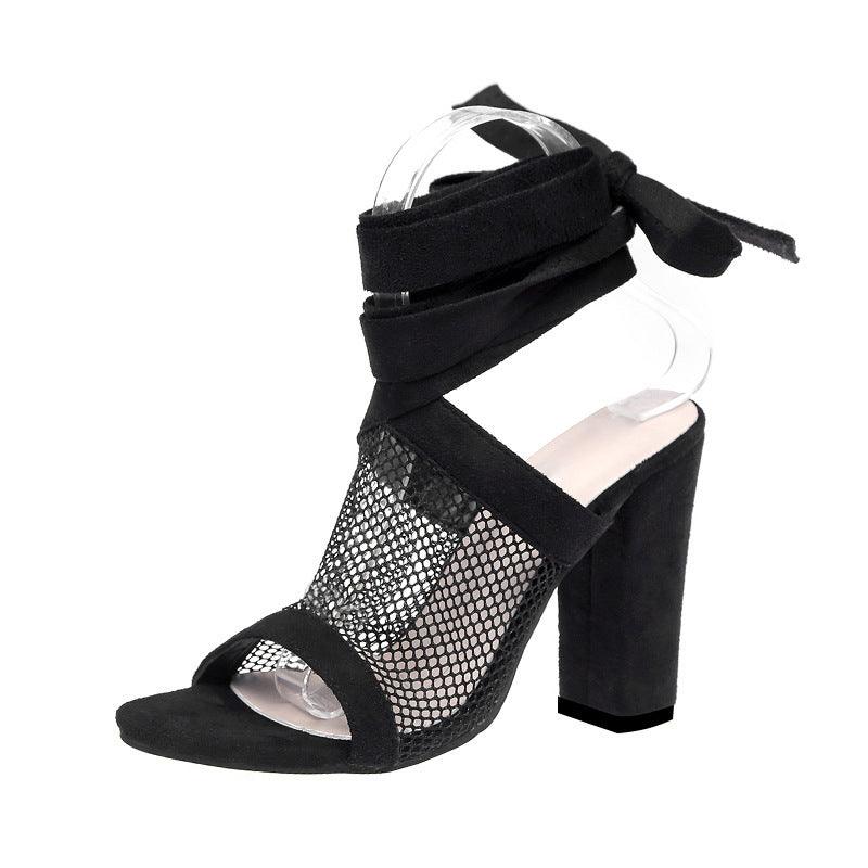 Women Sandals Bandage Flock Cross Strap Lace Up High Heels Sandal - fadidesign