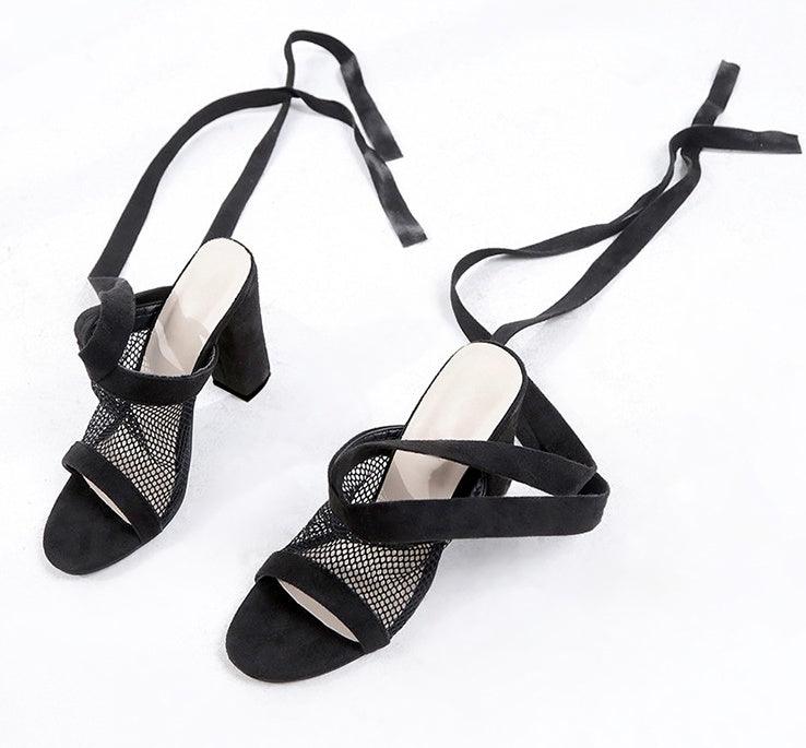 Women Sandals Bandage Flock Cross Strap Lace Up High Heels Sandal - fadidesign