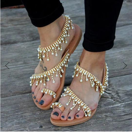 Women Sandals Flat Pearl Comfortable String Bead Slippers - fadidesign