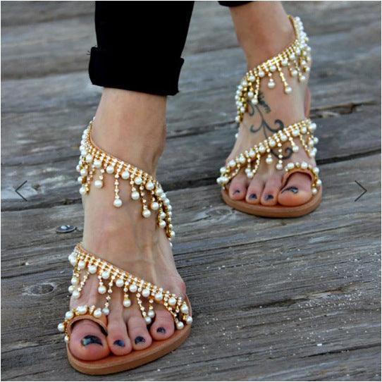 Women Sandals Flat Pearl Comfortable String Bead Slippers - fadidesign