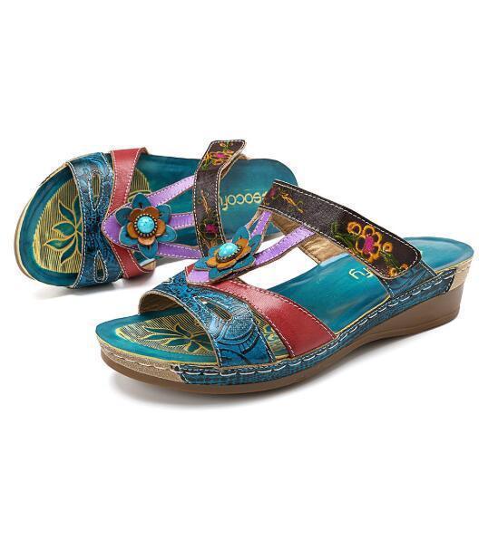 Women Sandals Heeled Slippers Ethnic Flower Sandals Female Summer Shoes - fadidesign